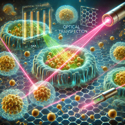 Illustration of optical transfection, showcasing laser interactions with gold nanoparticles to deliver genetic material into cells